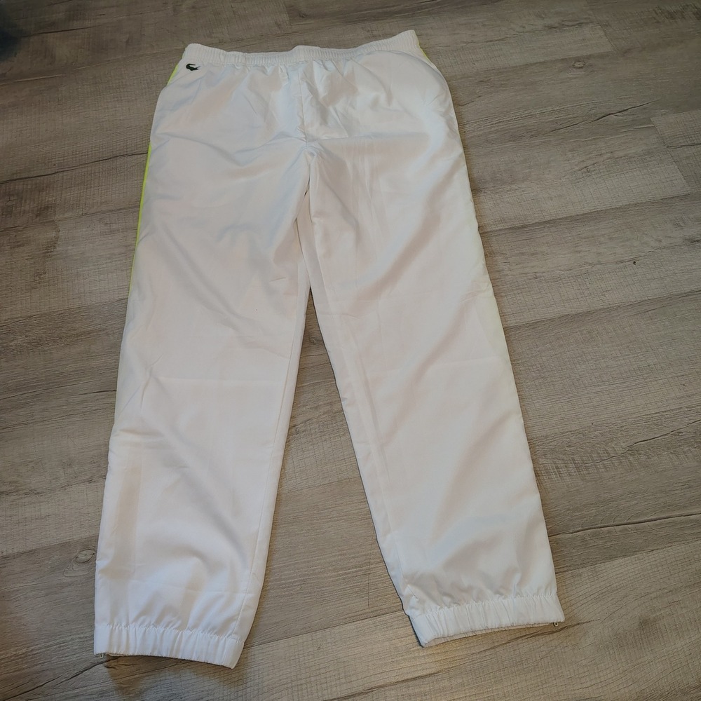Lacoste Sport Mens XXL White Track Pants Neon Yellow Stripe Ankle Zip Jogger